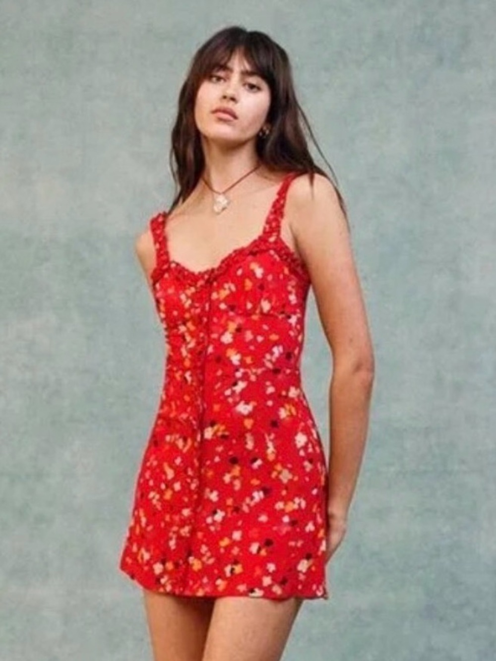 Realisation Par Red Floral Slip Dress with Lace Trim